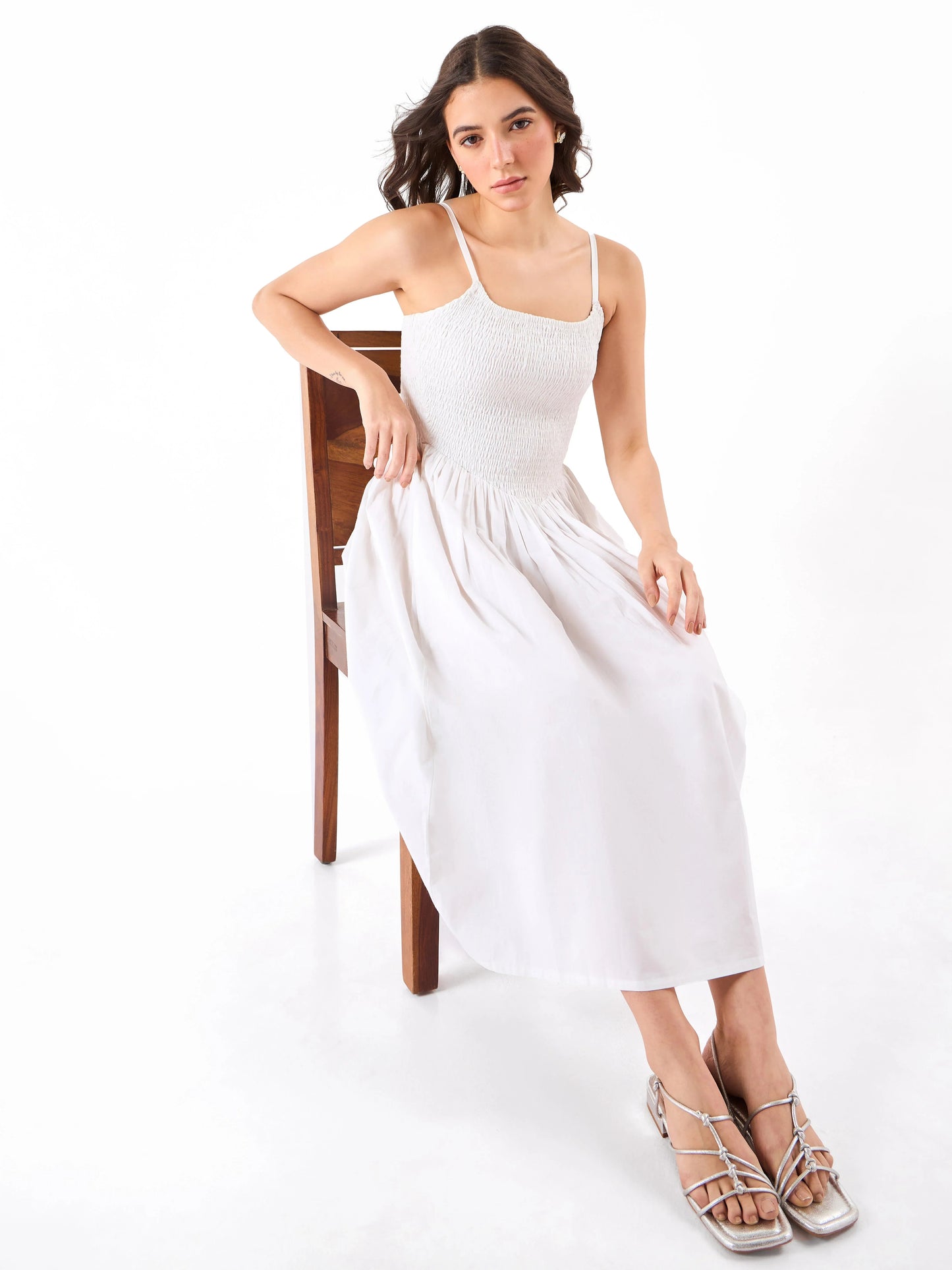 Dewdrop Smock Casual White Midi Dress