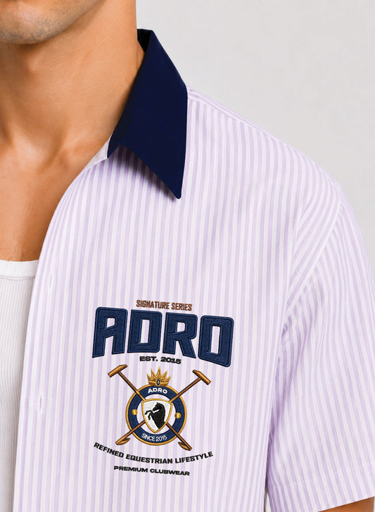 ADRO Signature Series Half Sleeve Striped Shirt for Men | Cotton Blend Casual Shirts | Relaxed Fit Contrast Collar Summer Wear | Lavender