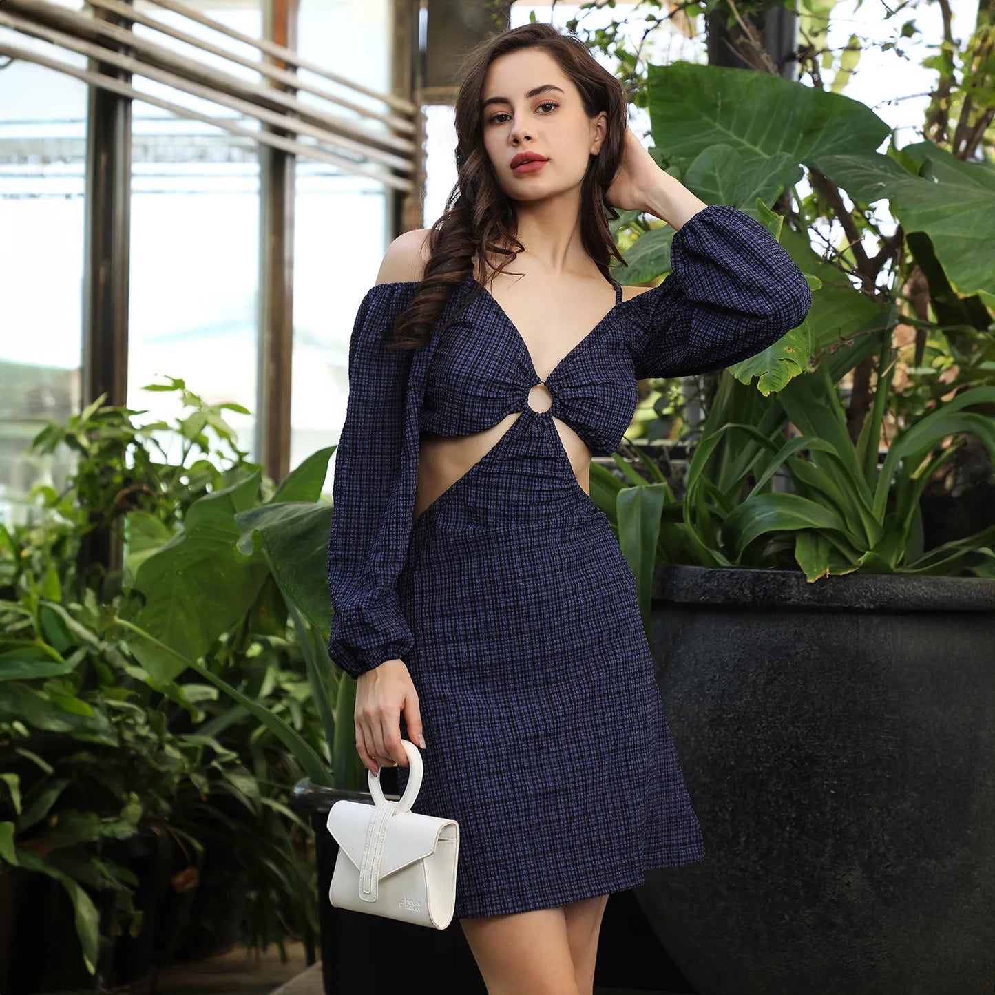 Midnight Blue Cutout Checkered Dress