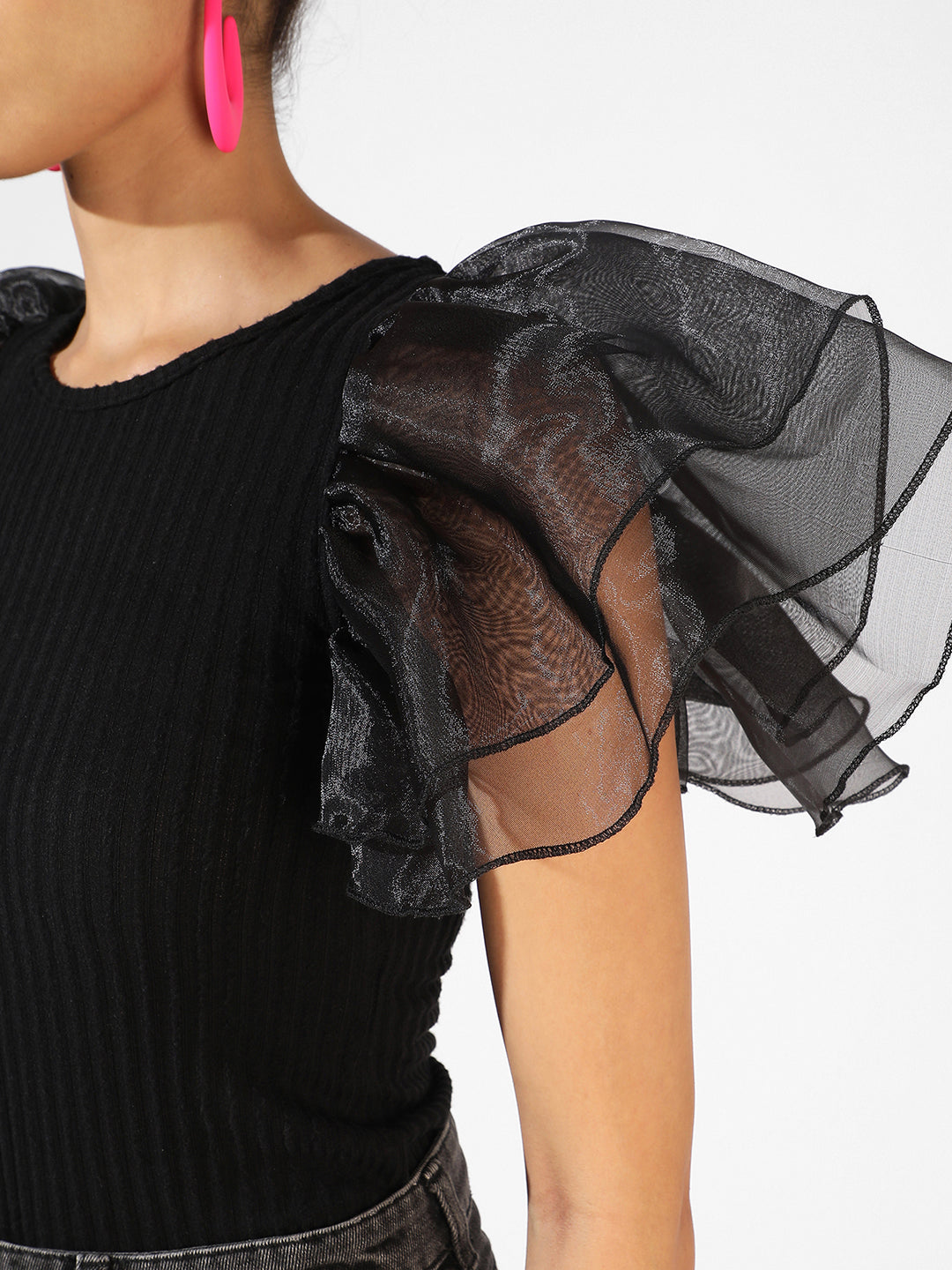 Black Ribbed Ruffle Bodysuit