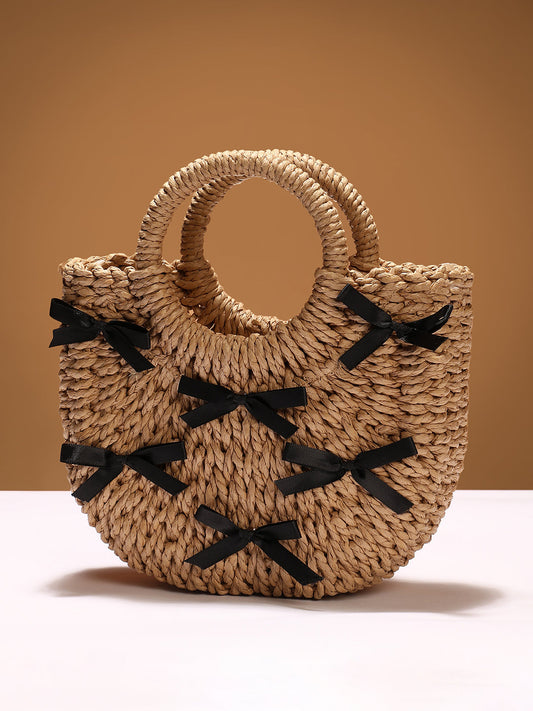The Bow-Straw Hand Bag - Tan Brown