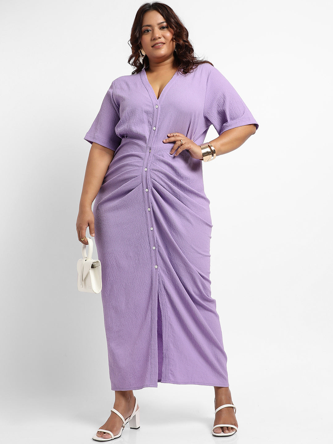 Lavender Button-Front Ruched Dress