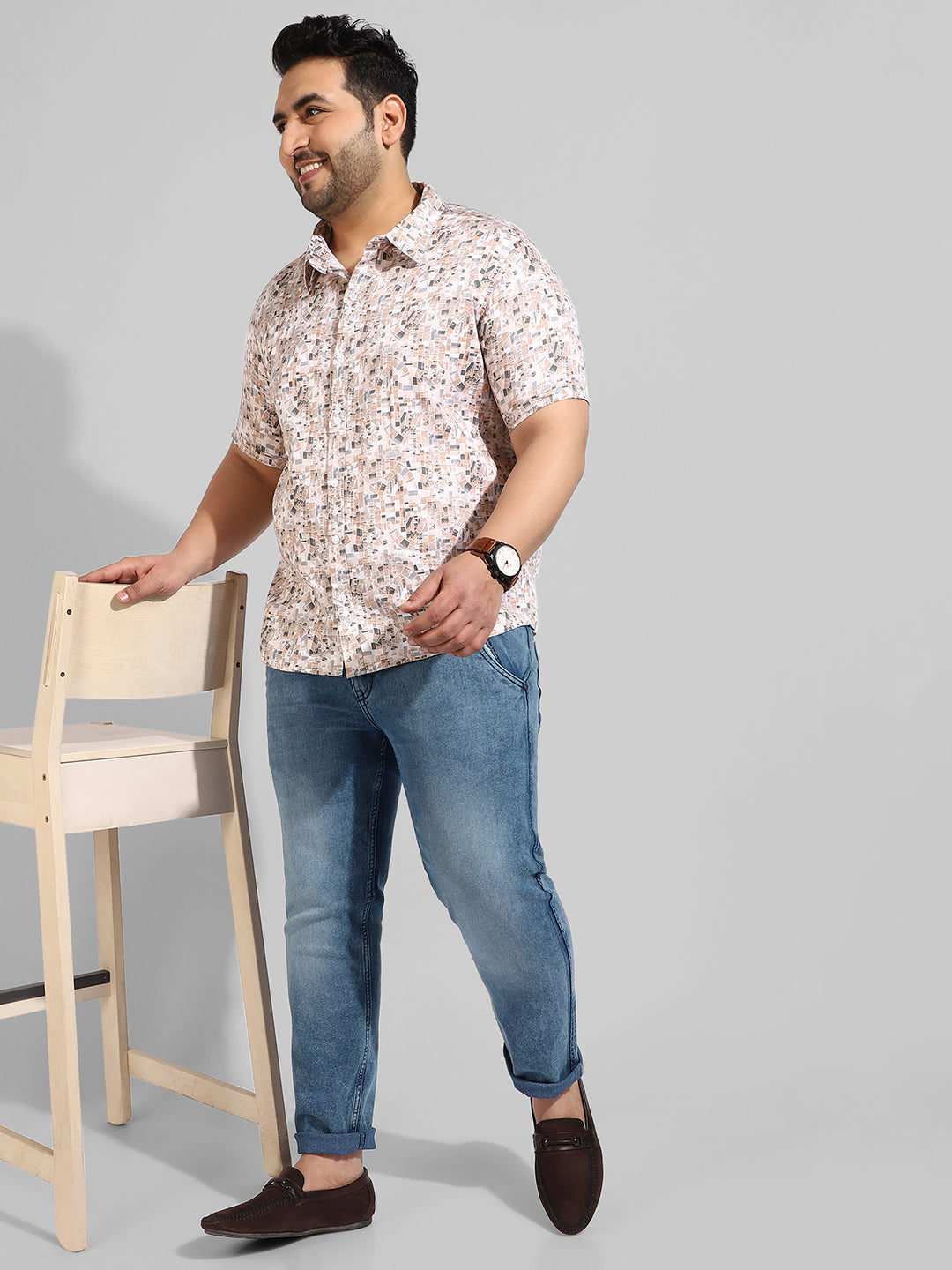 Beige Printed Regular Fit Casual Shirt