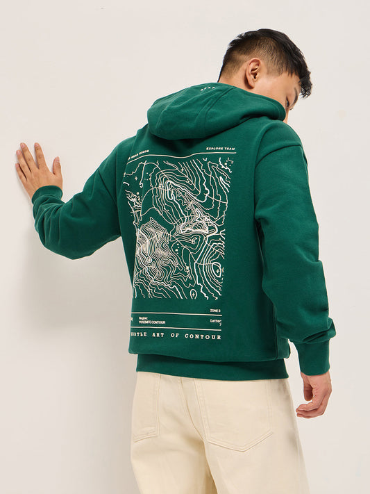 Green Relaxed Fit Hoodie with Topographic Graphic Print
