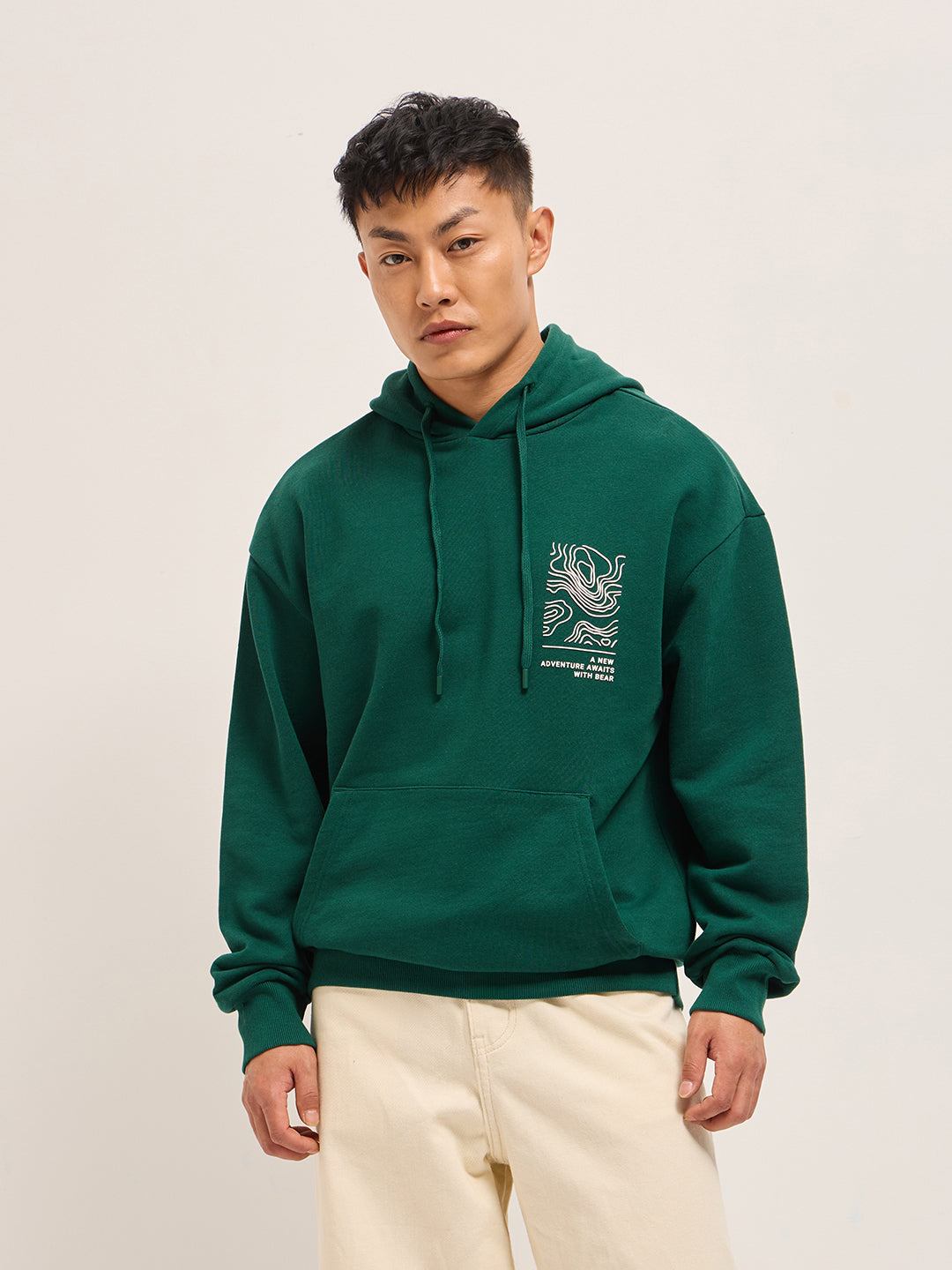 Green Relaxed Fit Hoodie with Topographic Graphic Print