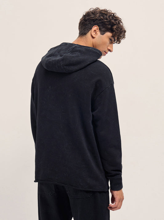 Black Relaxed Fit Hoodie with 3D Smiley and Embossed Text Design