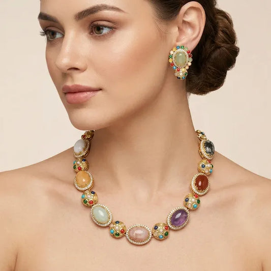 Multicolor Stone Gold Toned Necklace And Earrings Set For Women