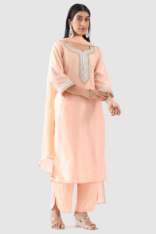 Peach Chanderi Embroidered Kurti with Square Neck