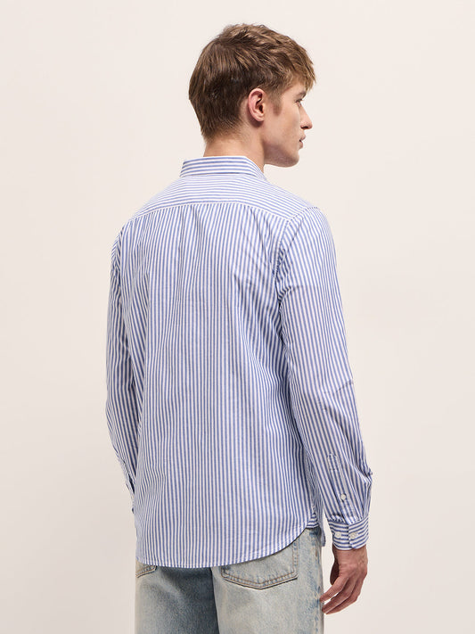 White with Blue Vertical Stripes Slim Fit Casual Shirt