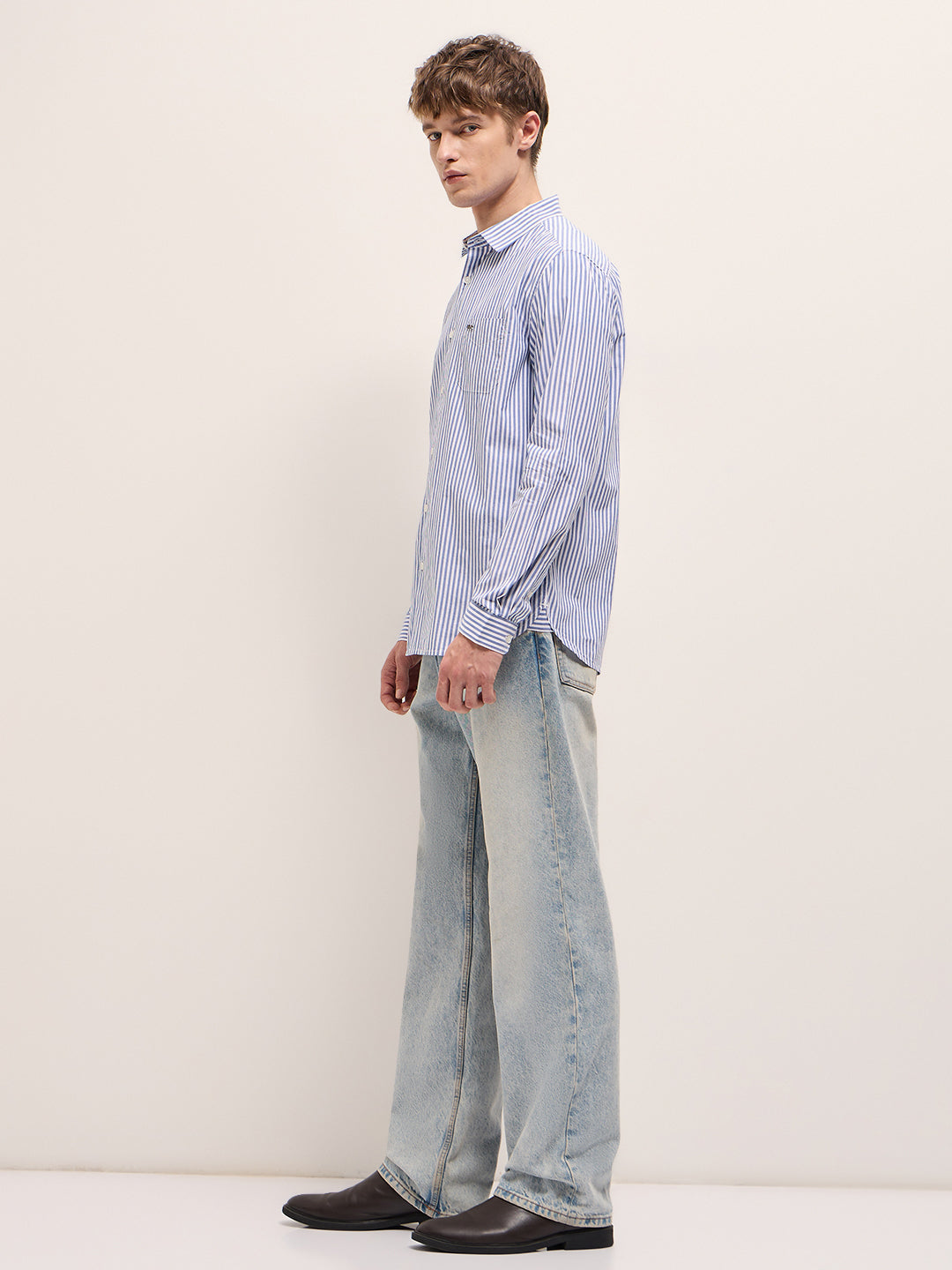 White with Blue Vertical Stripes Slim Fit Casual Shirt
