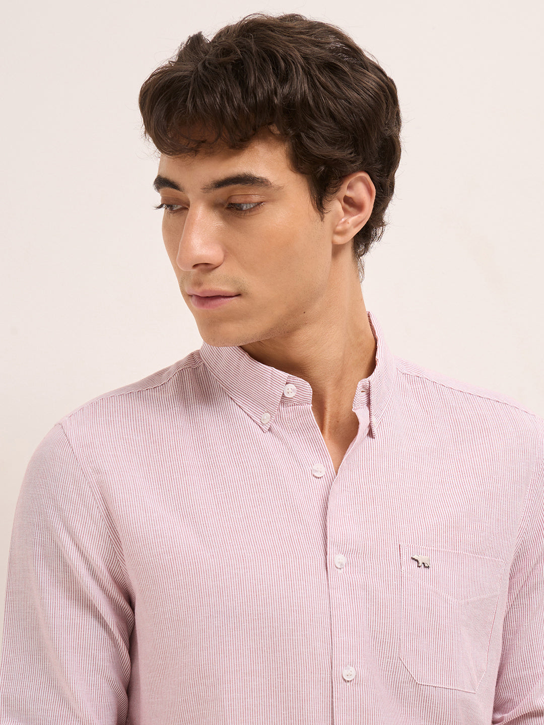 Red Woven Pinstripes Slim Fit Casual Shirt