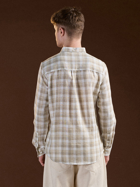 Beige Checked Slim Fit Casual Shirt