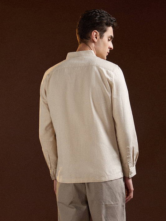 Beige Solid Slim Fit Casual Shirt with Flap Pockets