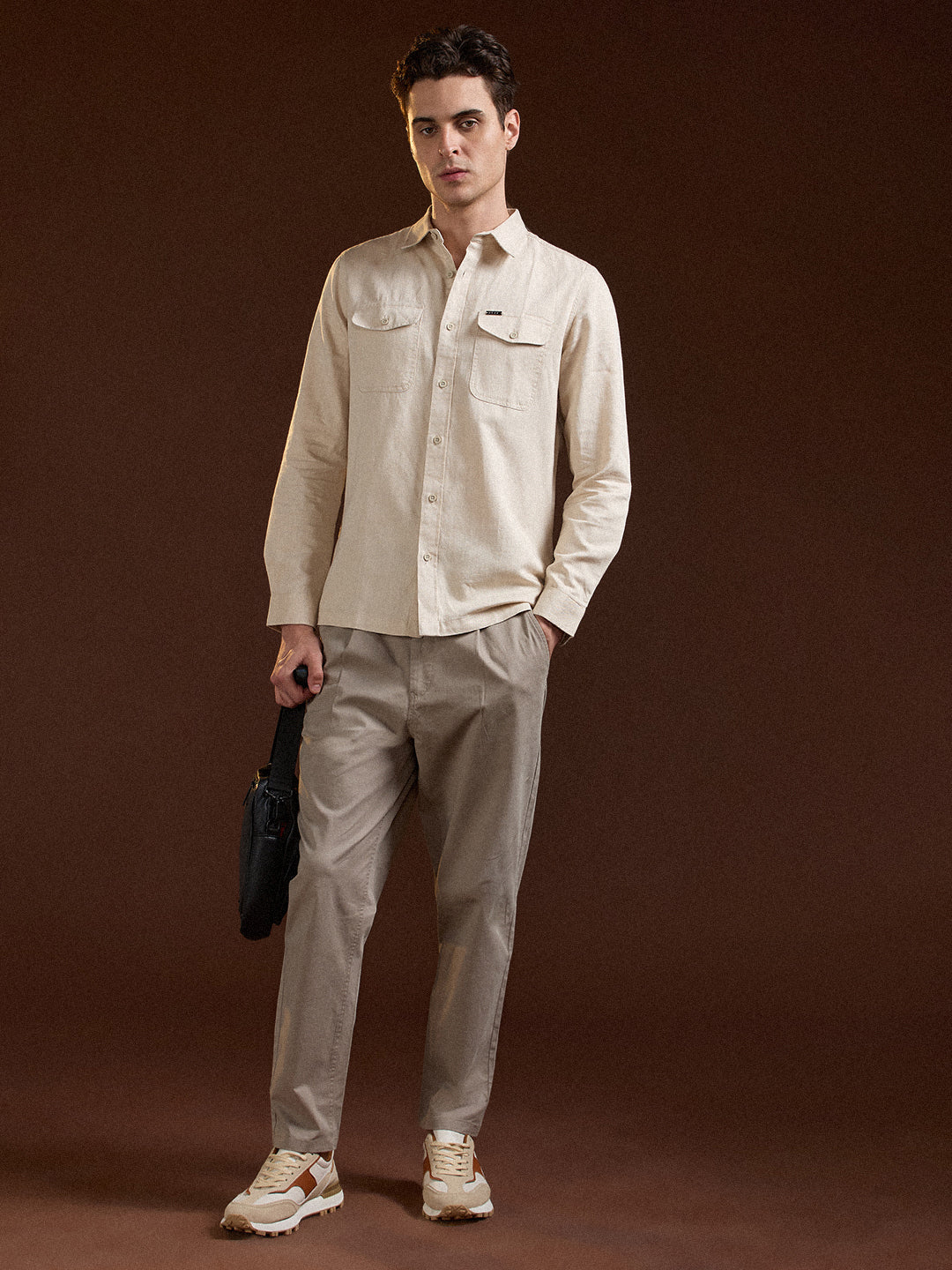 Beige Solid Slim Fit Casual Shirt with Flap Pockets