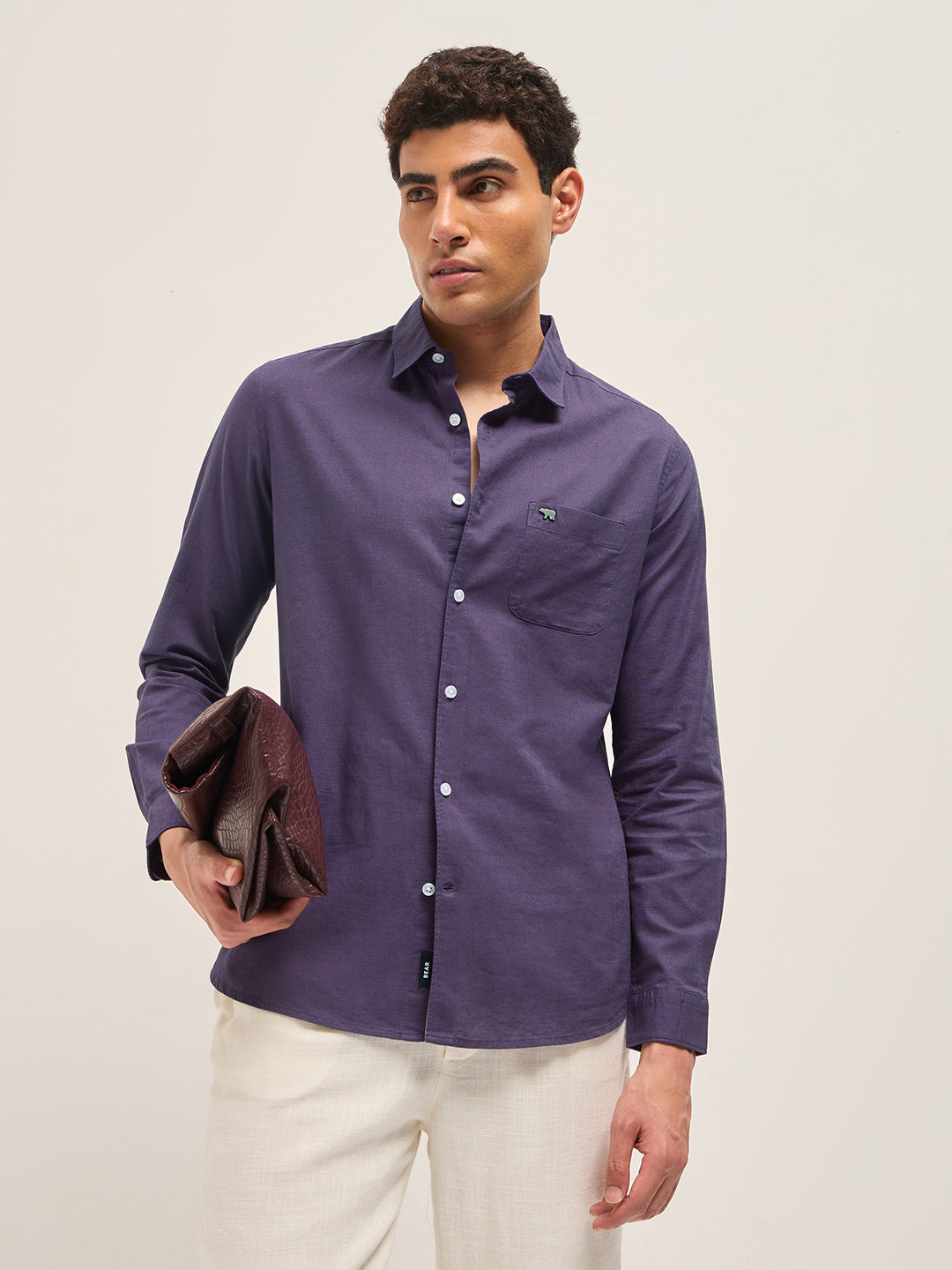 Purple Cotton Linen Slim Fit Solid Casual Shirt