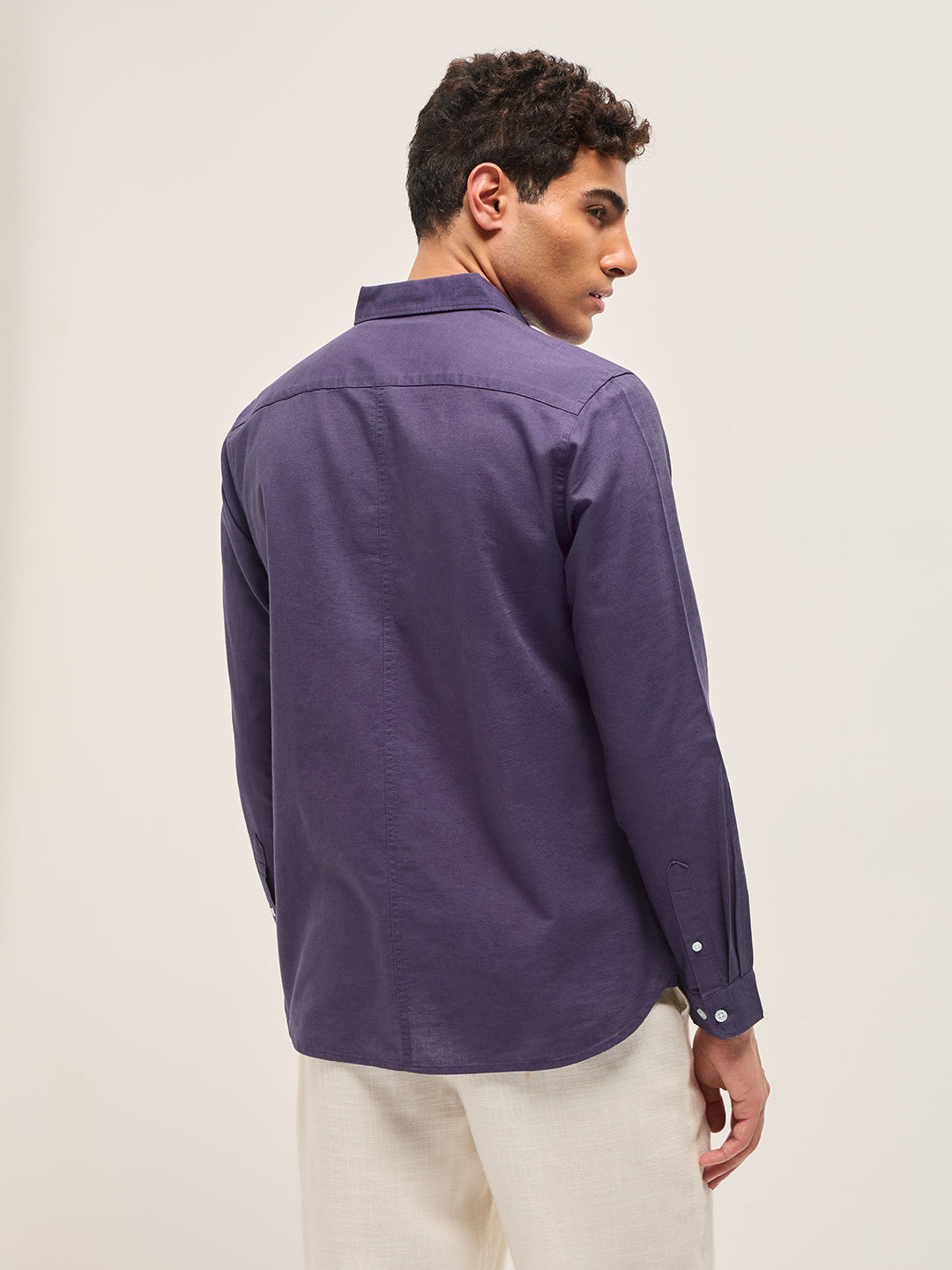 Purple Cotton Linen Slim Fit Solid Casual Shirt