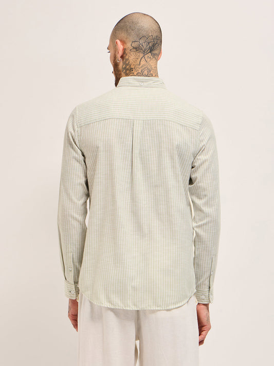 Green with White Vertical Pin Stripes Slim Fit Casual Shirt