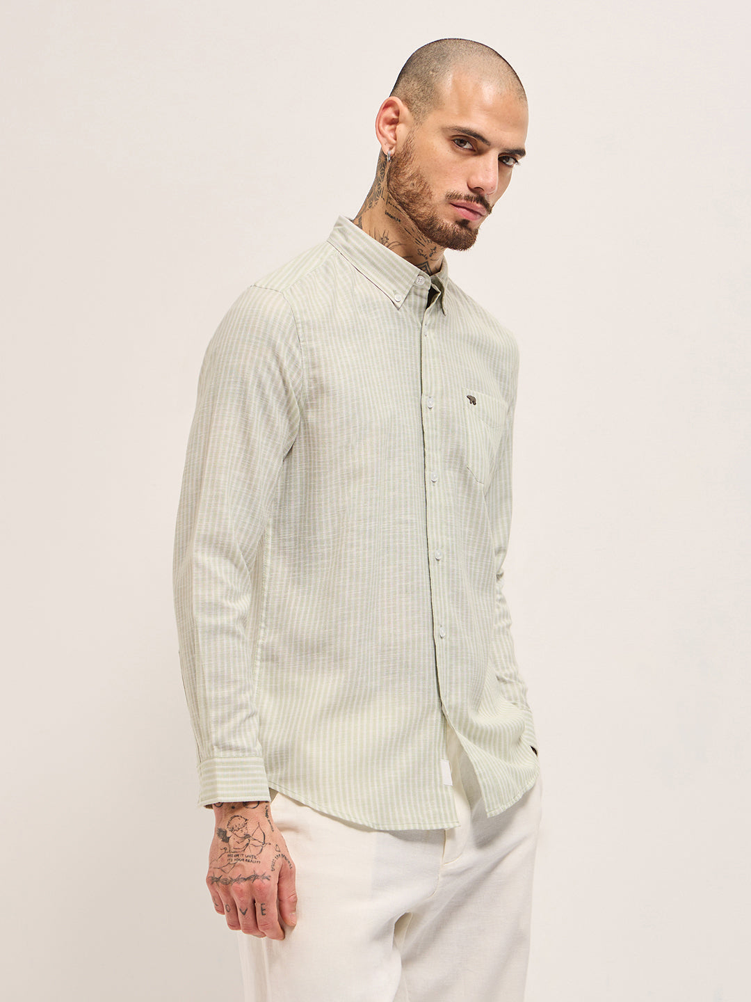 Green with White Vertical Pin Stripes Slim Fit Casual Shirt