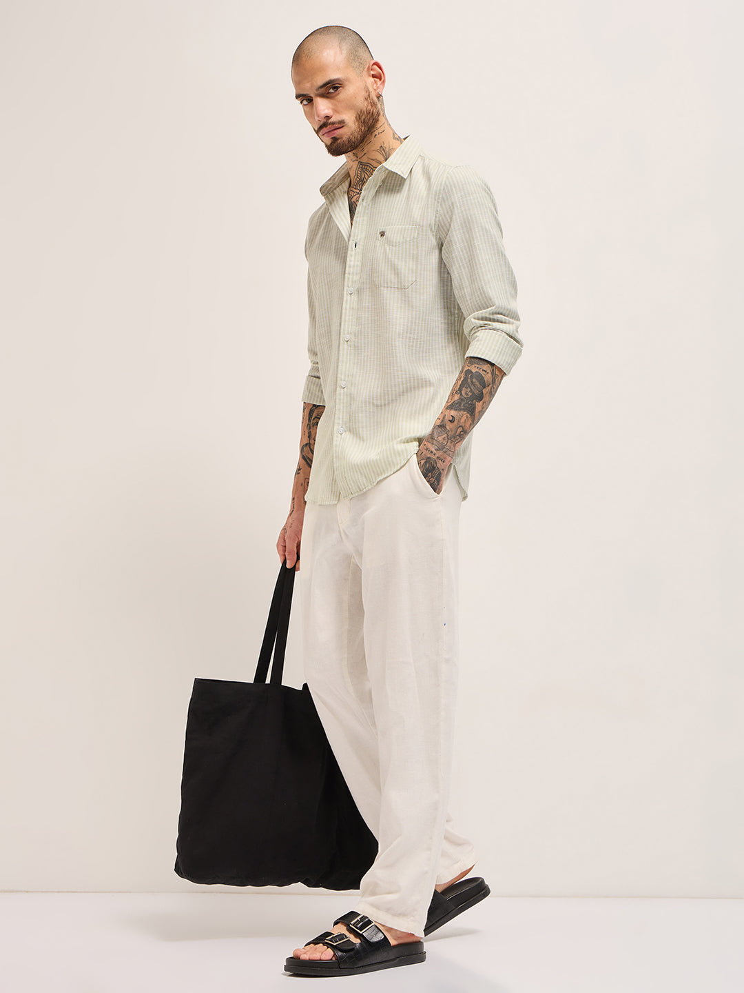 Green with White Vertical Pin Stripes Slim Fit Casual Shirt