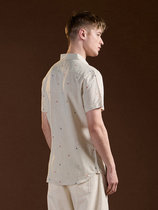 Cream Printed Slim Fit Casual Shirt