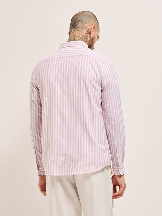 Pink with White Vertical Stripes Slim Fit Casual Shirt