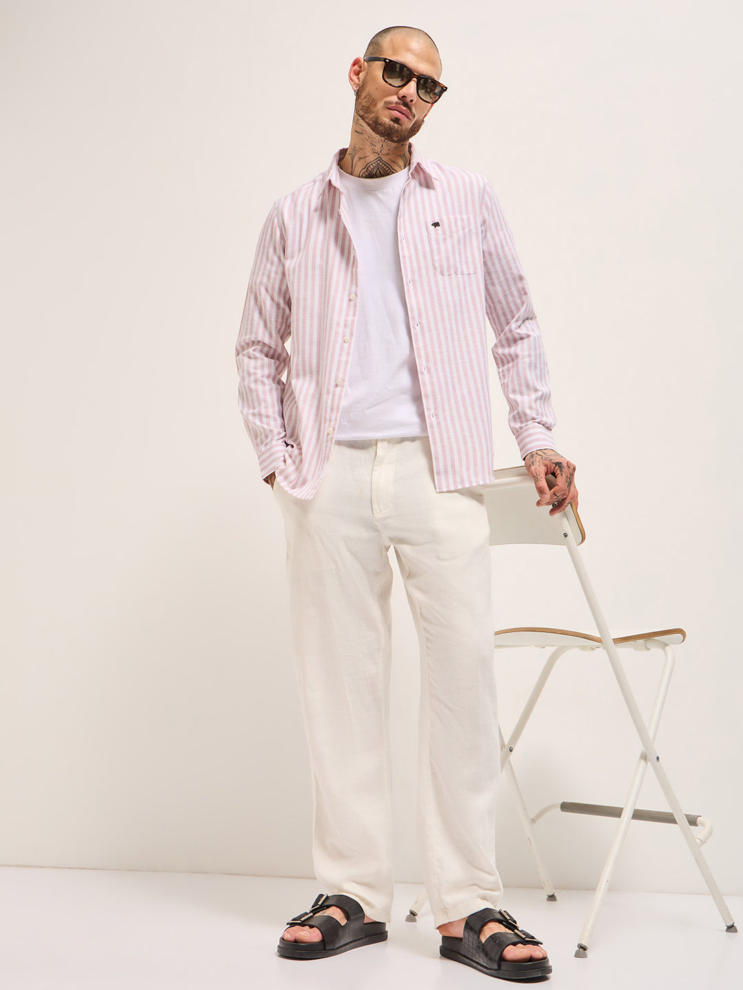 Pink with White Vertical Stripes Slim Fit Casual Shirt