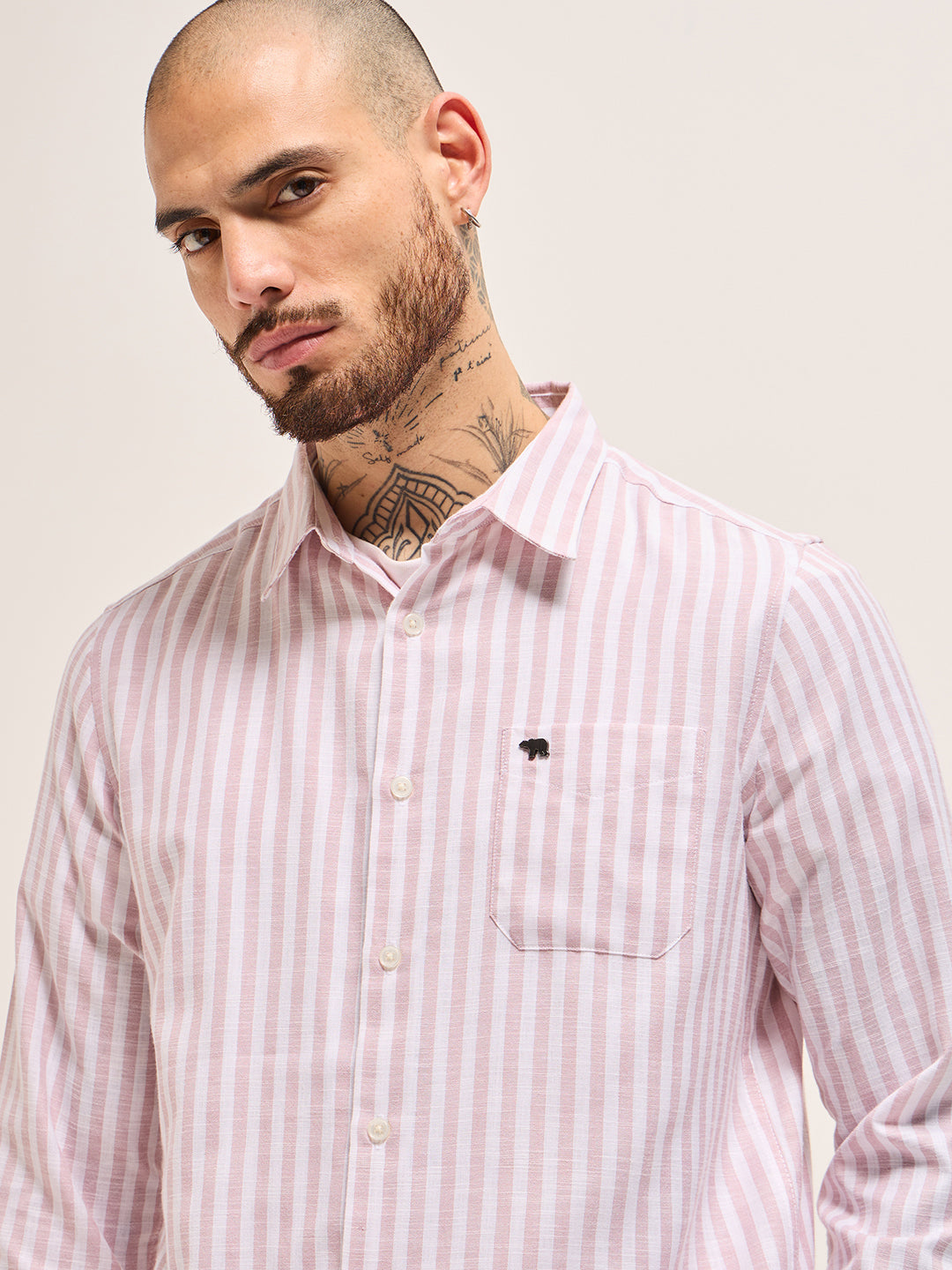 Pink with White Vertical Stripes Slim Fit Casual Shirt