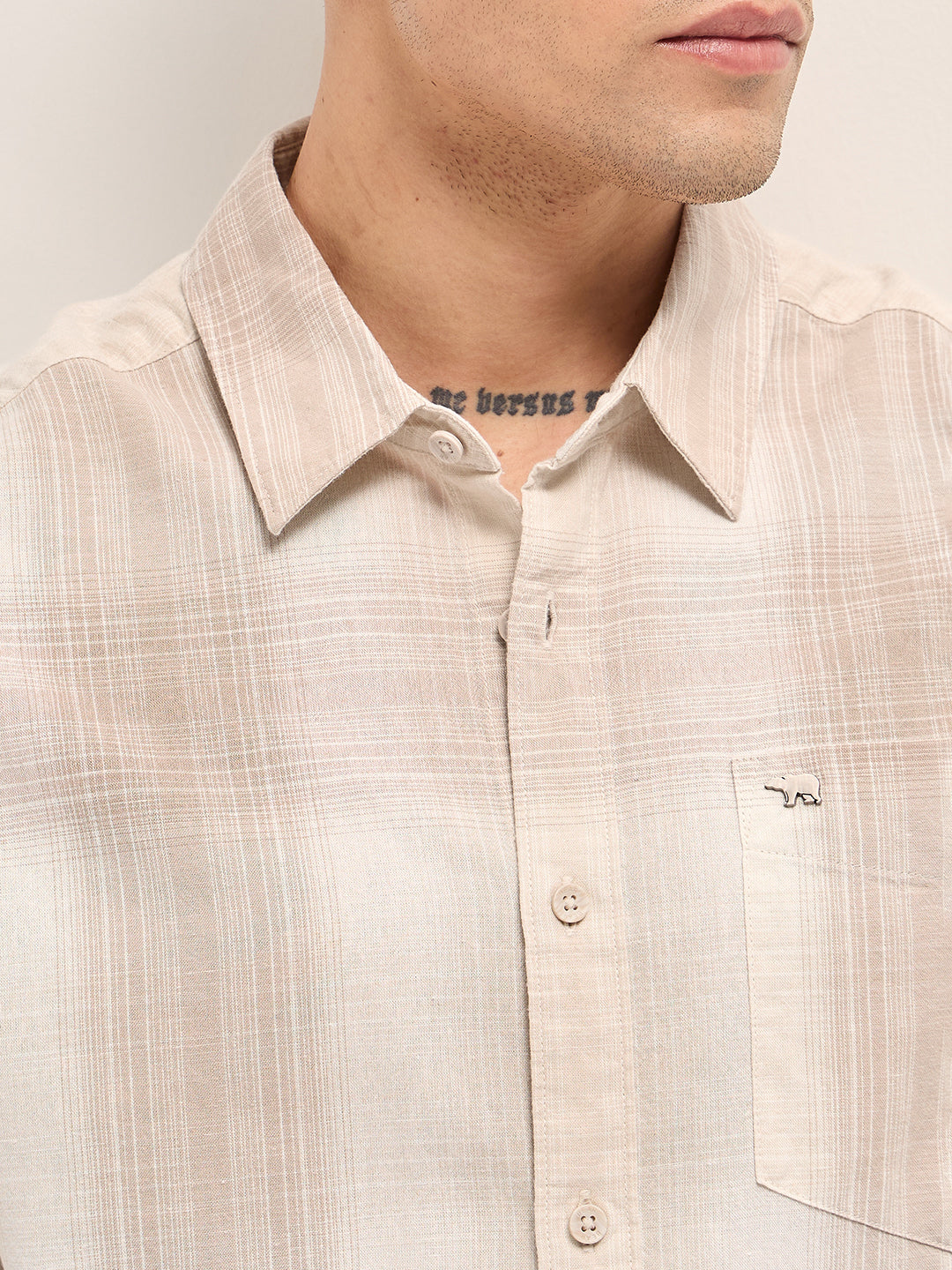 Beige Woven Checkered Relaxed Fit Casual Shirt