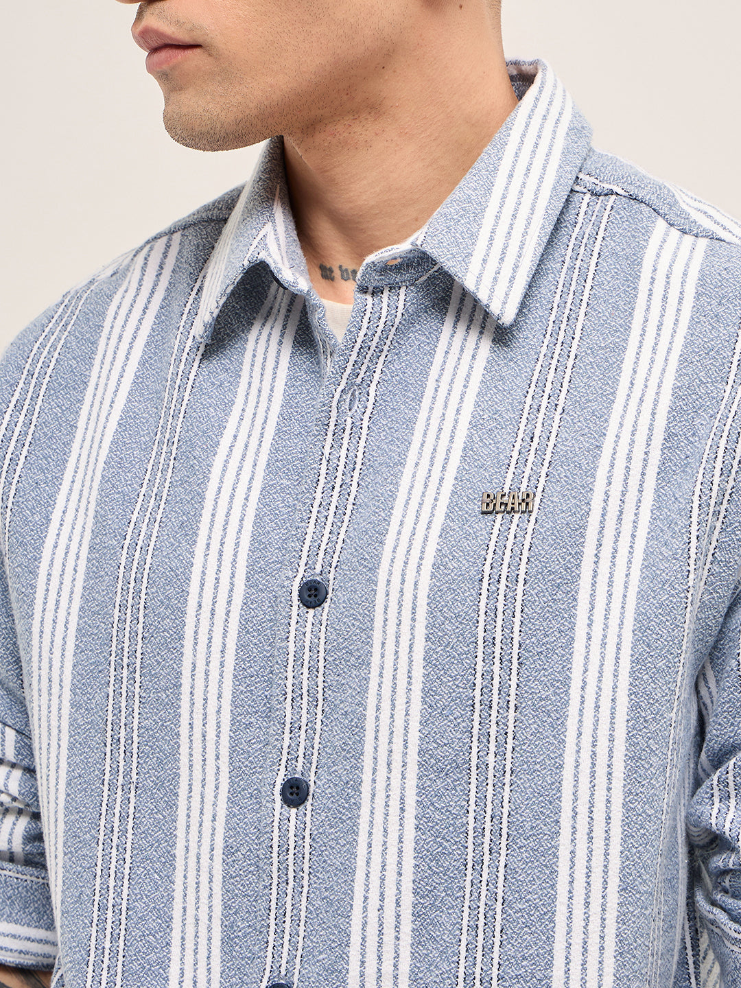 Blue and White Vertical Striped Relaxed Fit Overshirt