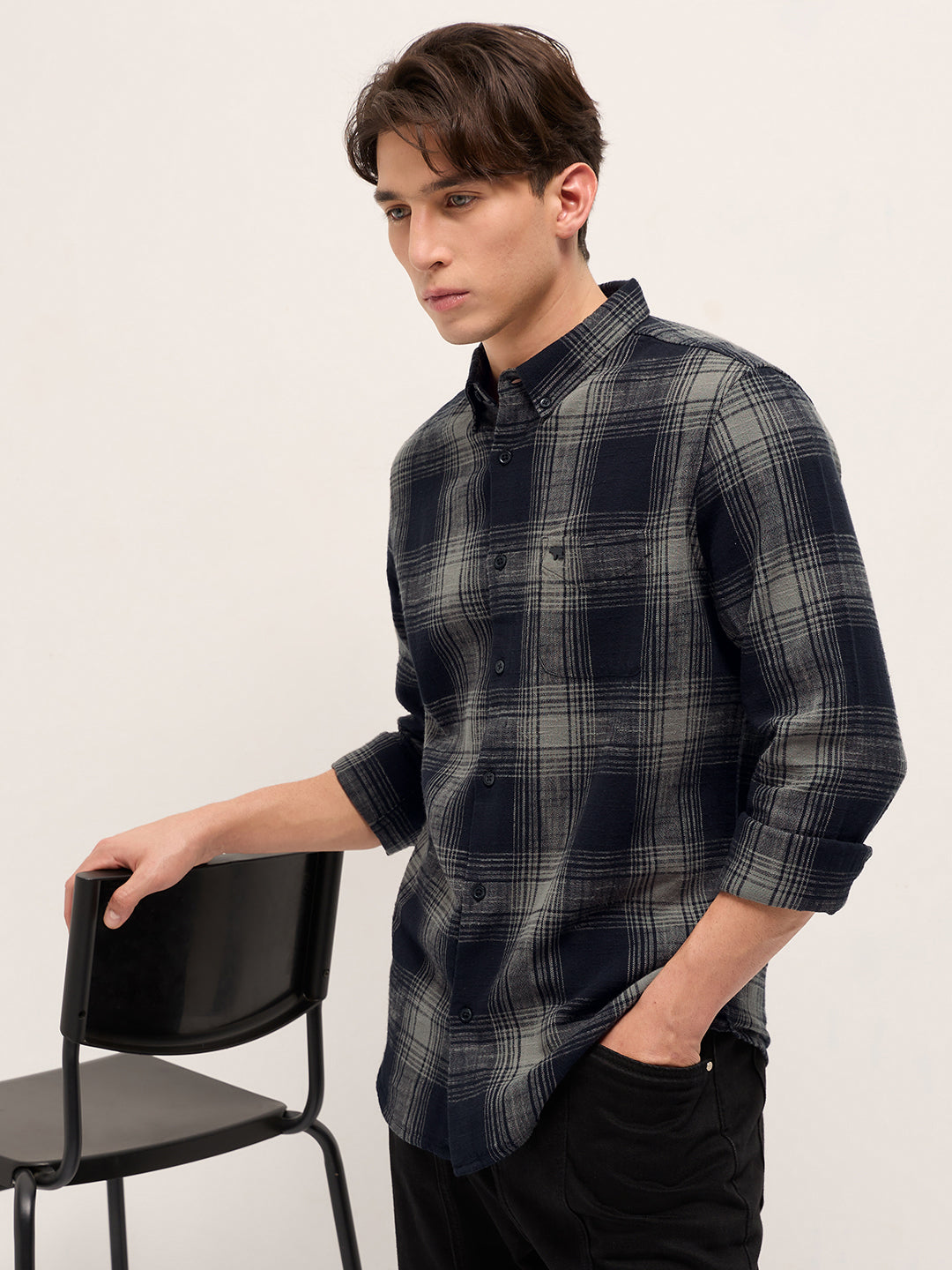 Black with Grey Woven Checked Design Slim Fit Casual Shirt