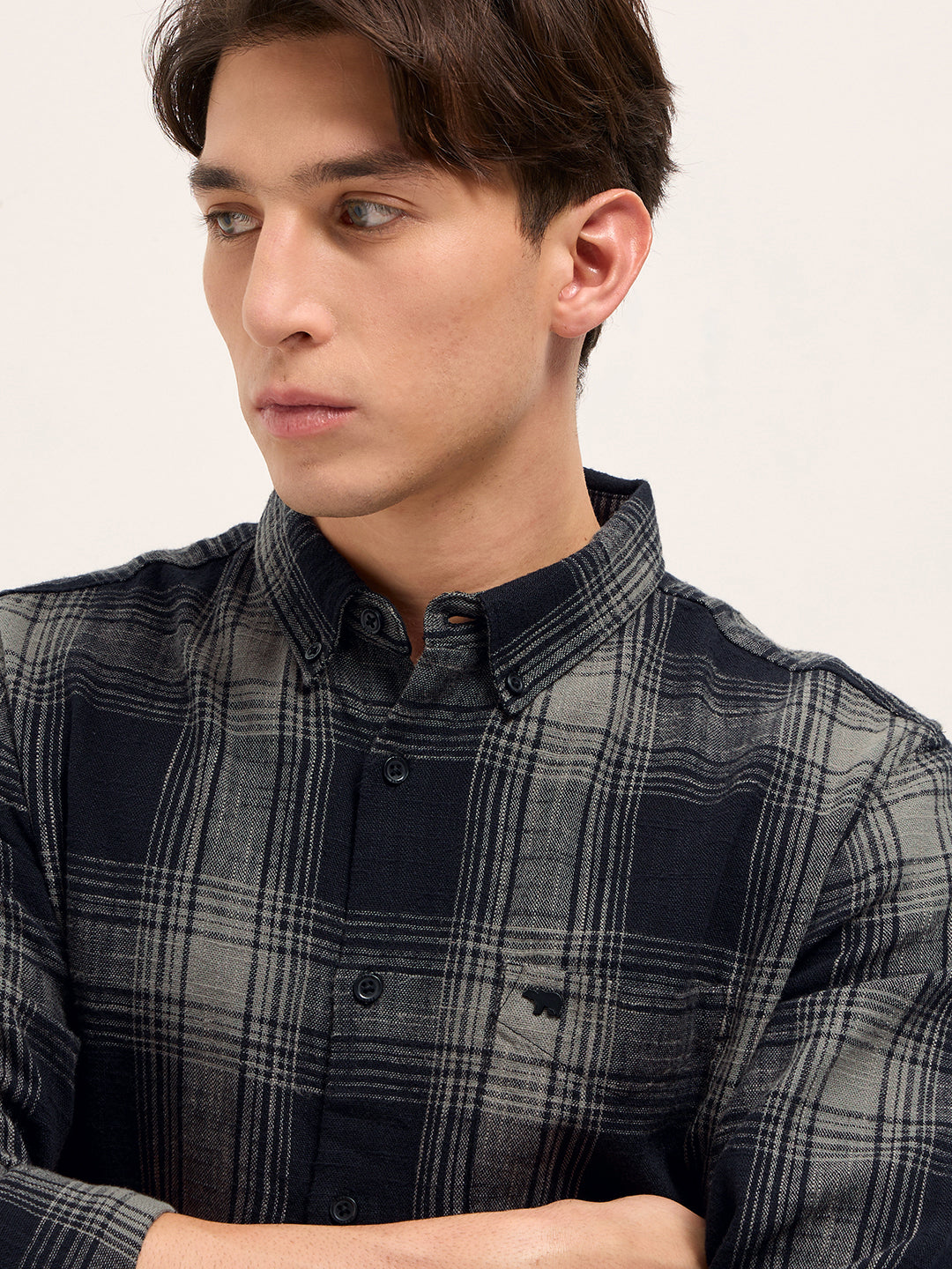 Black with Grey Woven Checked Design Slim Fit Casual Shirt