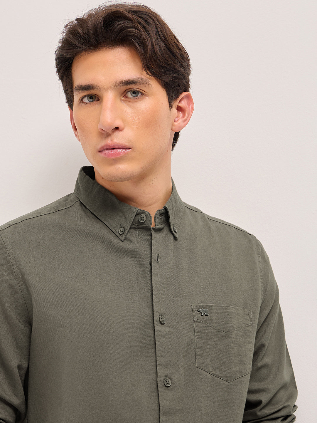 Olive Solid Slim Fit Casual Shirt with Button-Down Collar