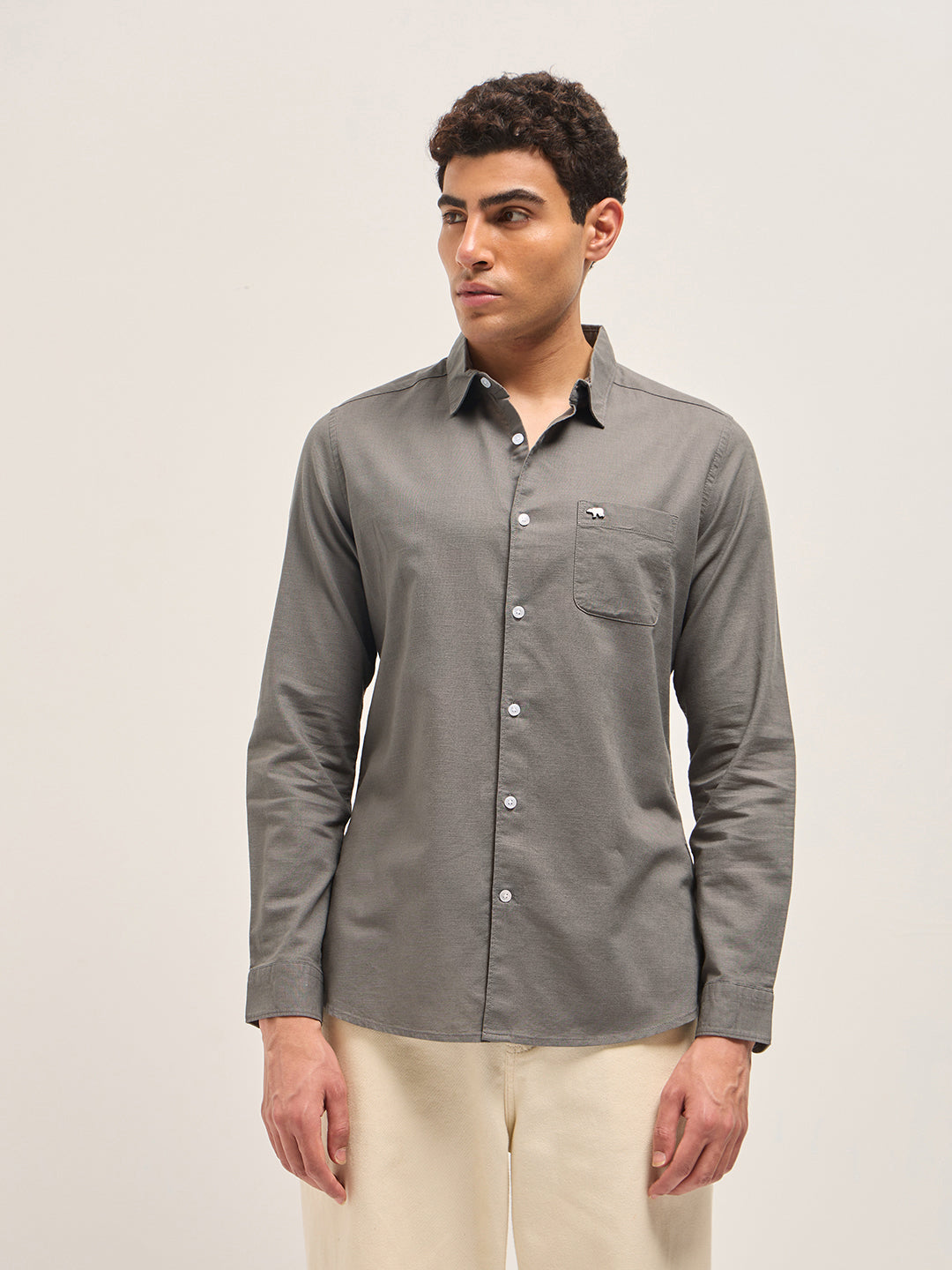 Grey Cotton Linen Slim Fit Solid Casual Shirt