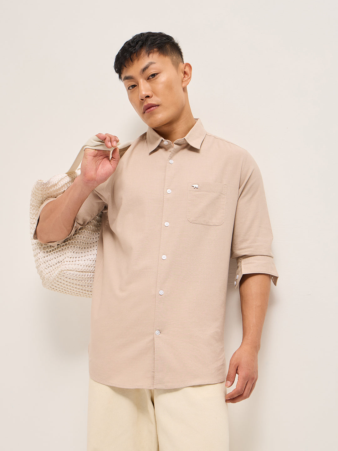 Peach Cotton Linen Slim Fit Solid Casual Shirt