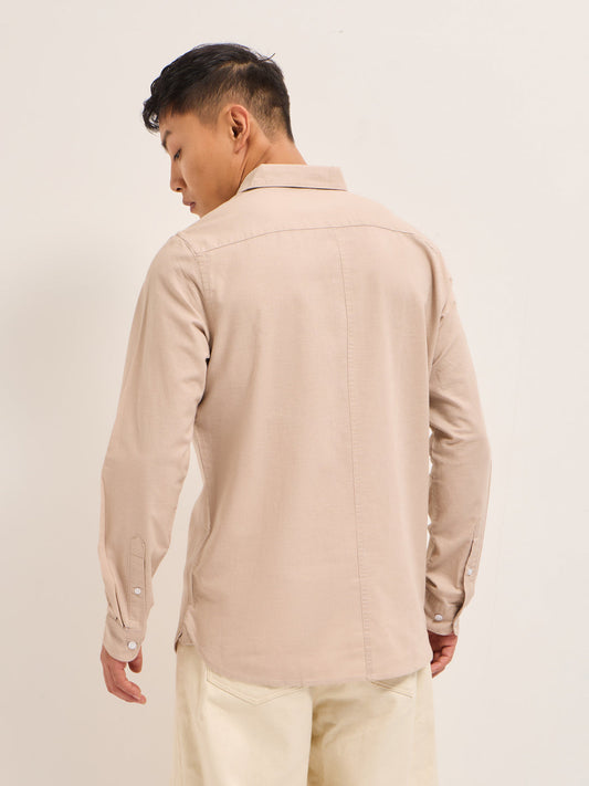 Peach Cotton Linen Slim Fit Solid Casual Shirt