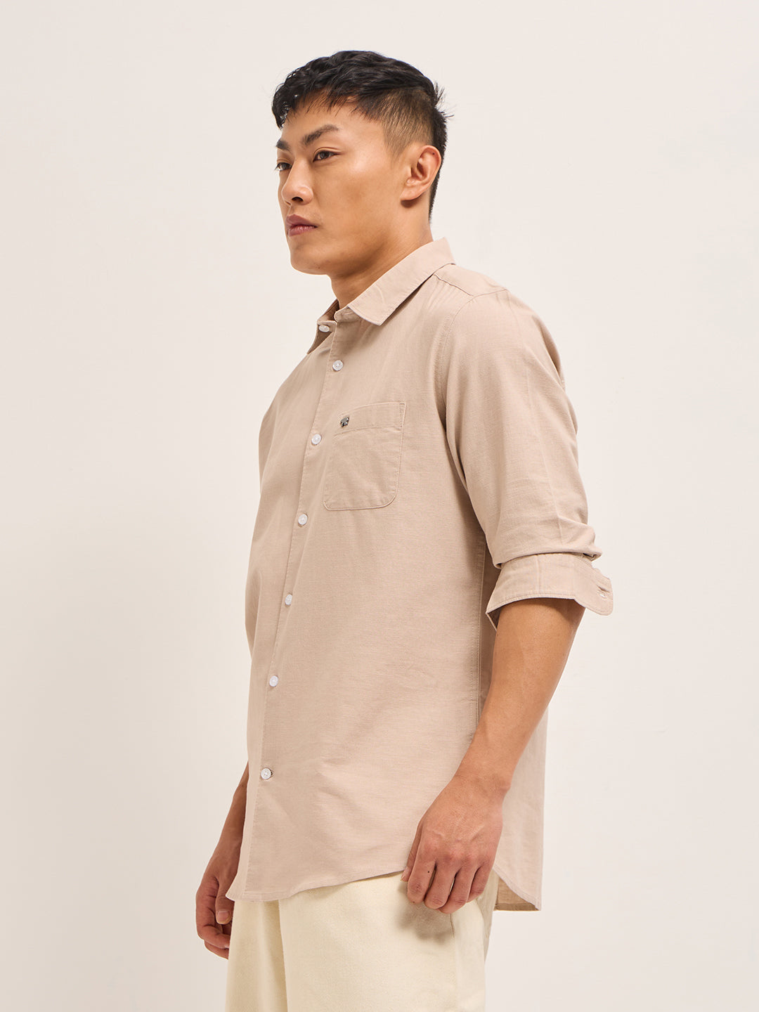 Peach Cotton Linen Slim Fit Solid Casual Shirt
