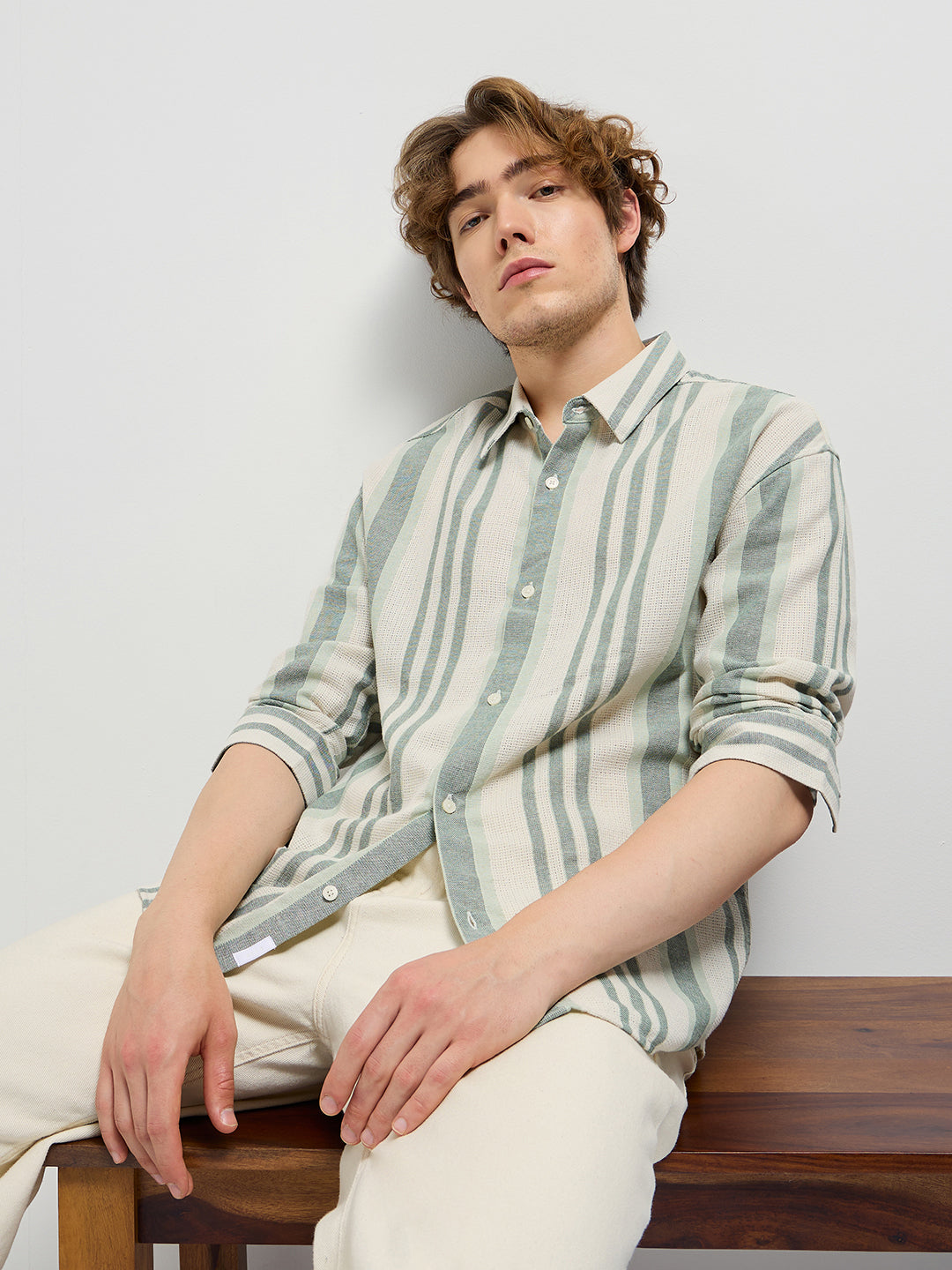 Beige with Green Stripe Relax Fit Casual Shirt