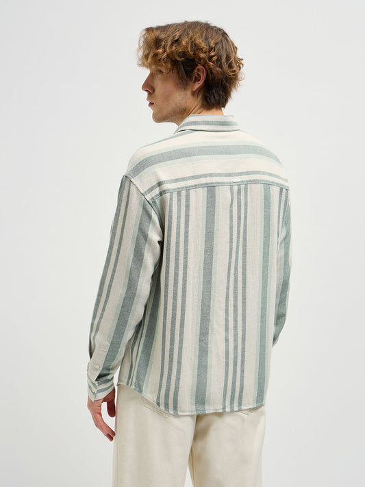 Beige with Green Stripe Relax Fit Casual Shirt