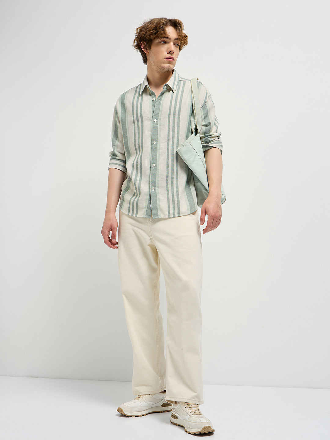 Beige with Green Stripe Relax Fit Casual Shirt