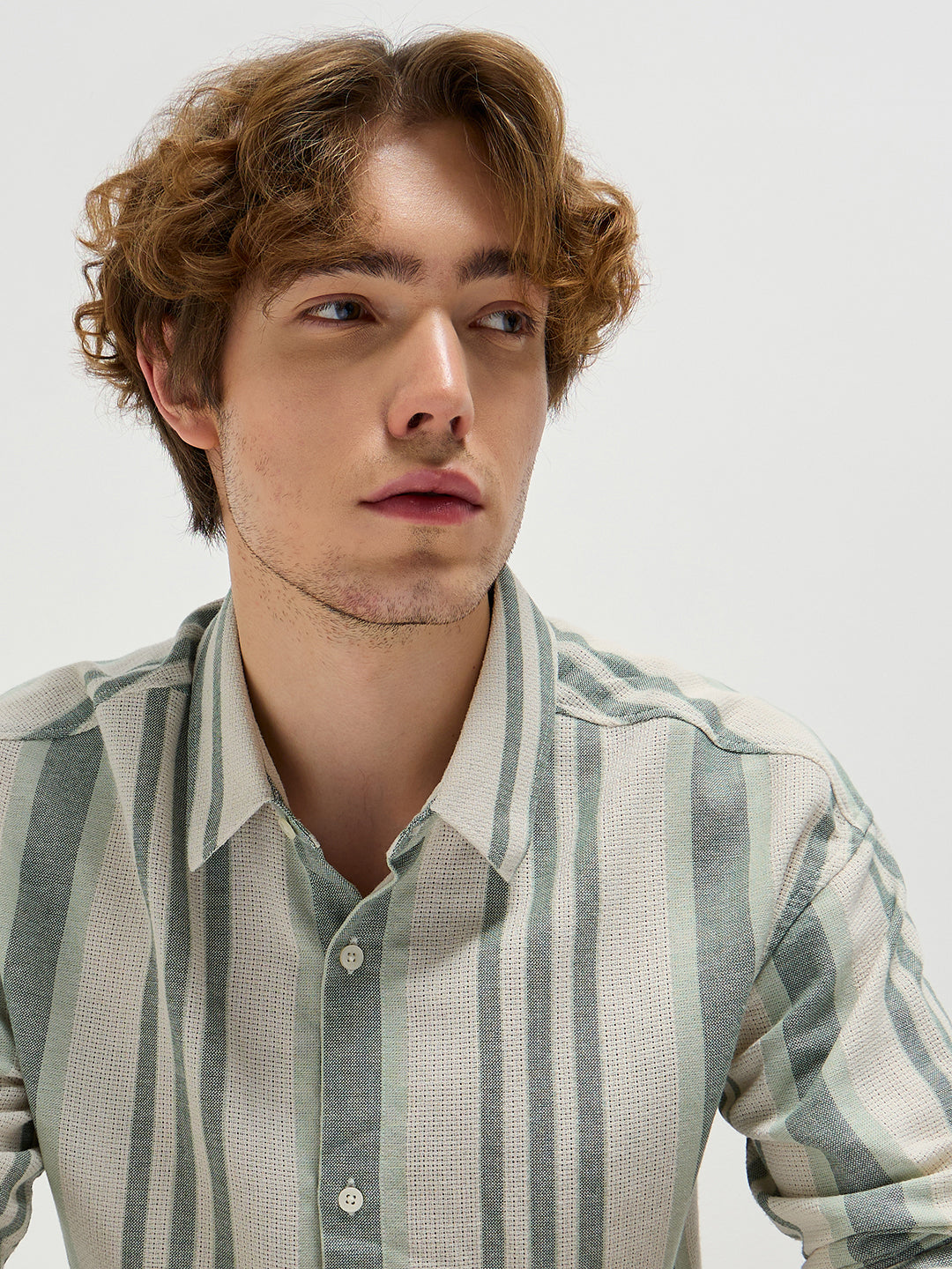Beige with Green Stripe Relax Fit Casual Shirt