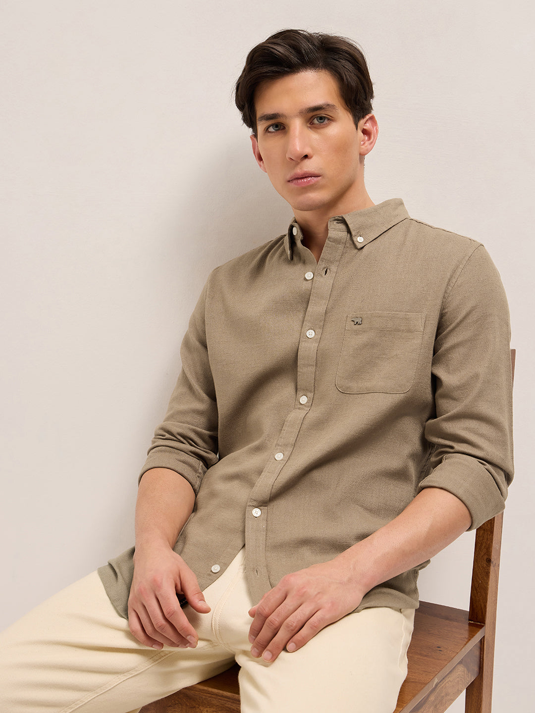 Beige Solid Slim Fit Cotton Casual Shirt with Button-Down Collar