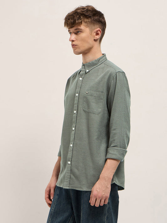 Olive Solid Slim Fit Cotton Casual Shirt with Button-Down Collar