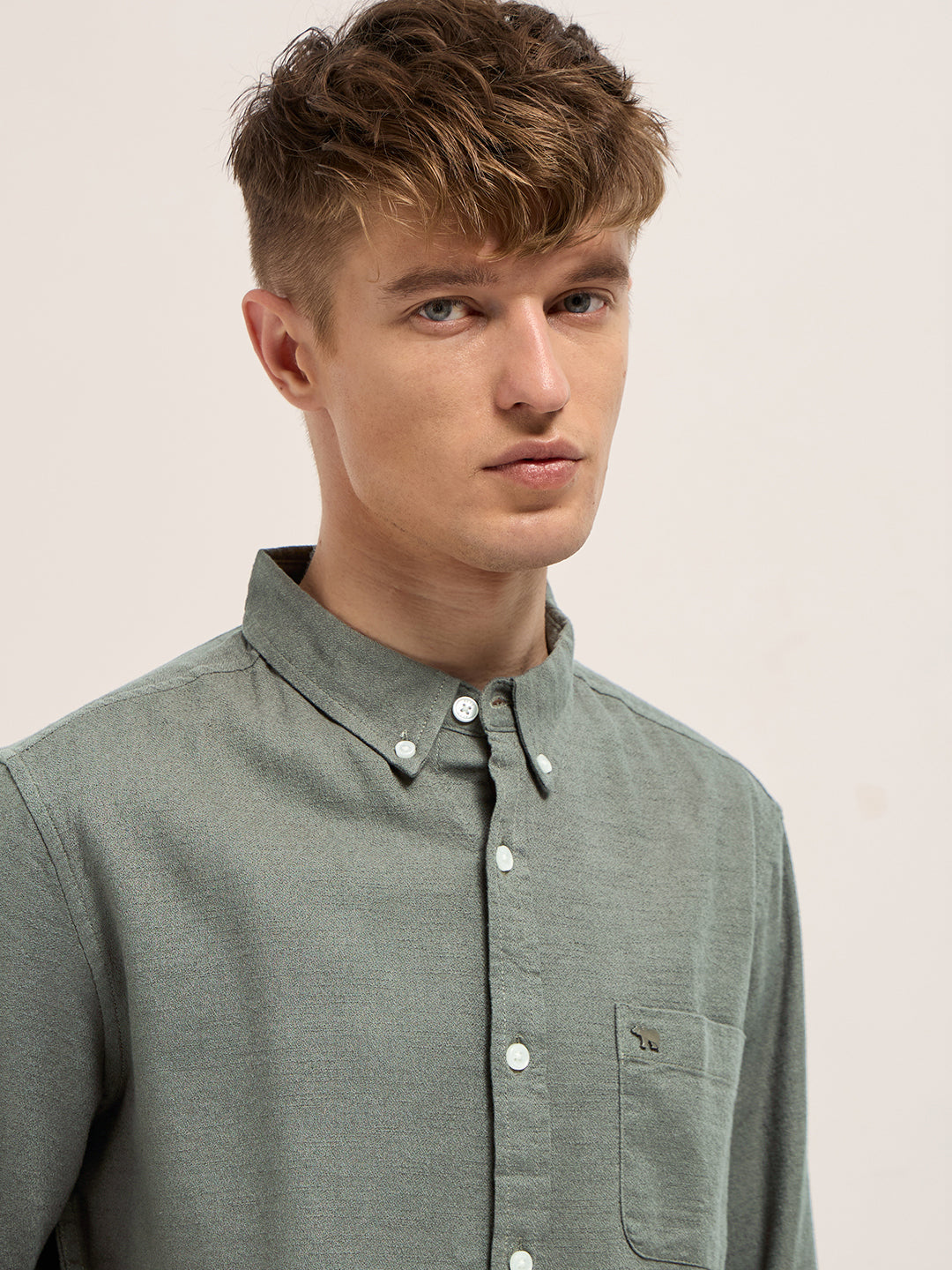 Olive Solid Slim Fit Cotton Casual Shirt with Button-Down Collar