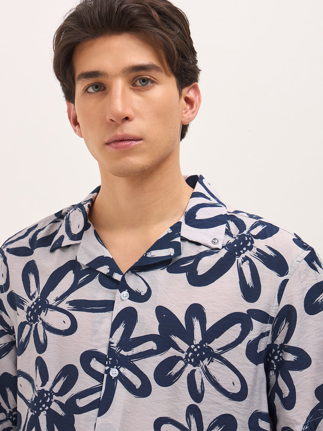 Blue Floral Motif Print Relaxed Fit Half-Sleeve Casual Shirt