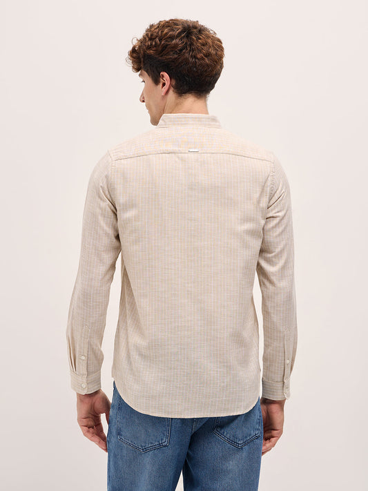 Beige Vertical Stripes Slim Fit Casual Shirt