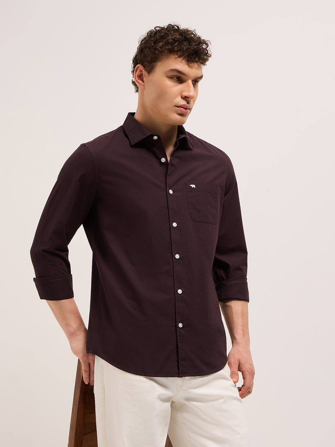Maroon Cotton Solid Slim Fit Casual Shirt