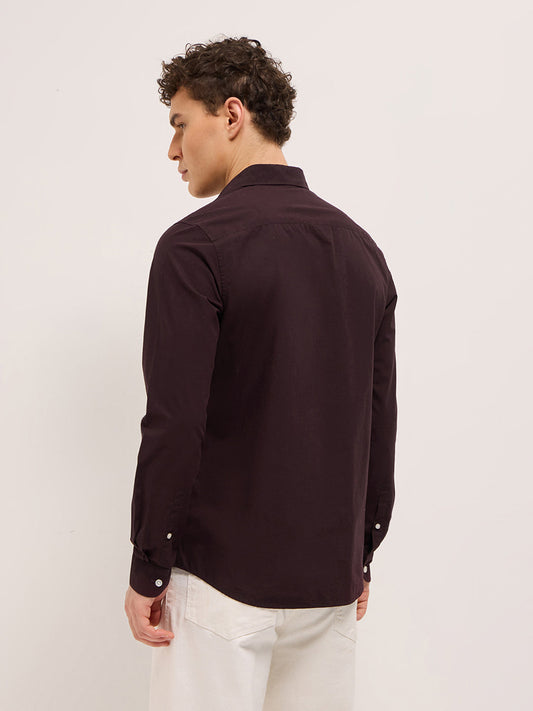 Maroon Cotton Solid Slim Fit Casual Shirt