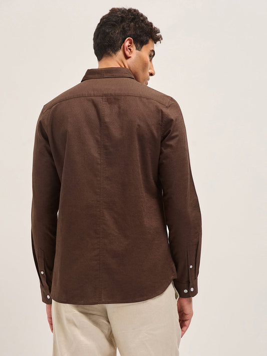 Brown Cotton Linen Slim Fit Solid Casual Shirt