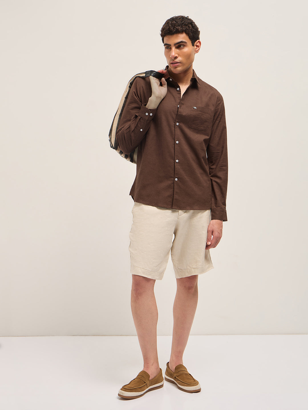 Brown Cotton Linen Slim Fit Solid Casual Shirt