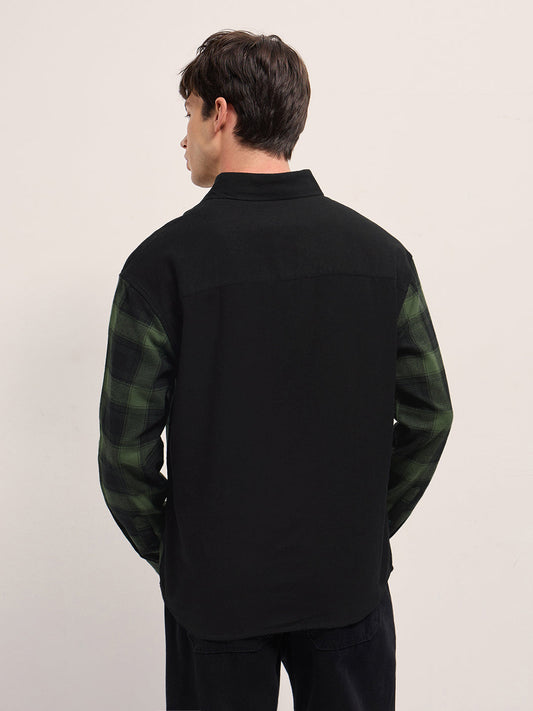 Green Checked Relaxed Fit Overshirt with Solid Back